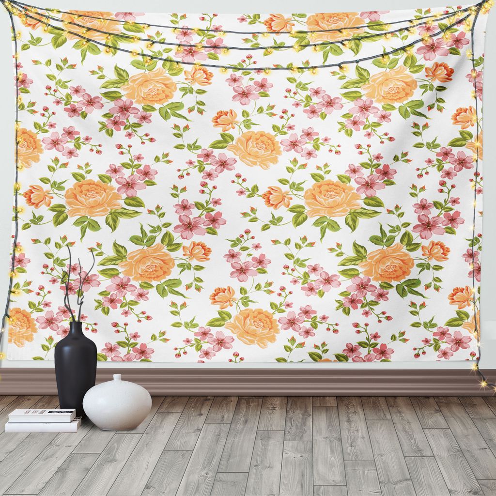 ABAKUHAUS Blume Wandteppich, Peony Poppy Braut Theme, Wohnzimmer Schlafzimmer Wandtuch Seidiges Satin Wandteppich, 150 x 100 cm, Pale Orange Grün ...
