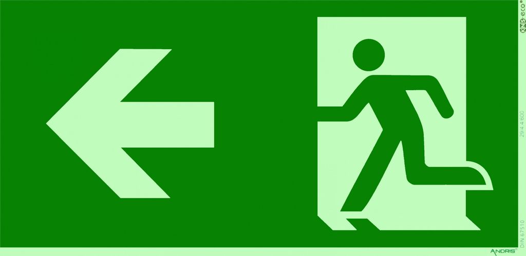 orig. ANDRIS Rettungszeichen Fluchtweg / Notausgang Rettungsweg Symbol nach links ISO 7010 E001+E005, PVC-Folie lang nachleuchtend & selbstkleben...