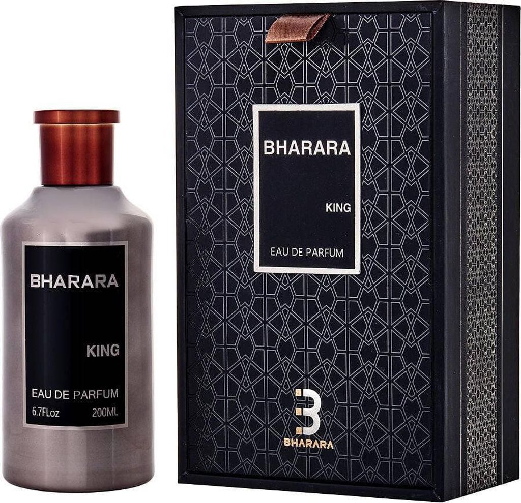 A bottle of Bharara King Eau de Parfum and its packaging are displayed against a white background.