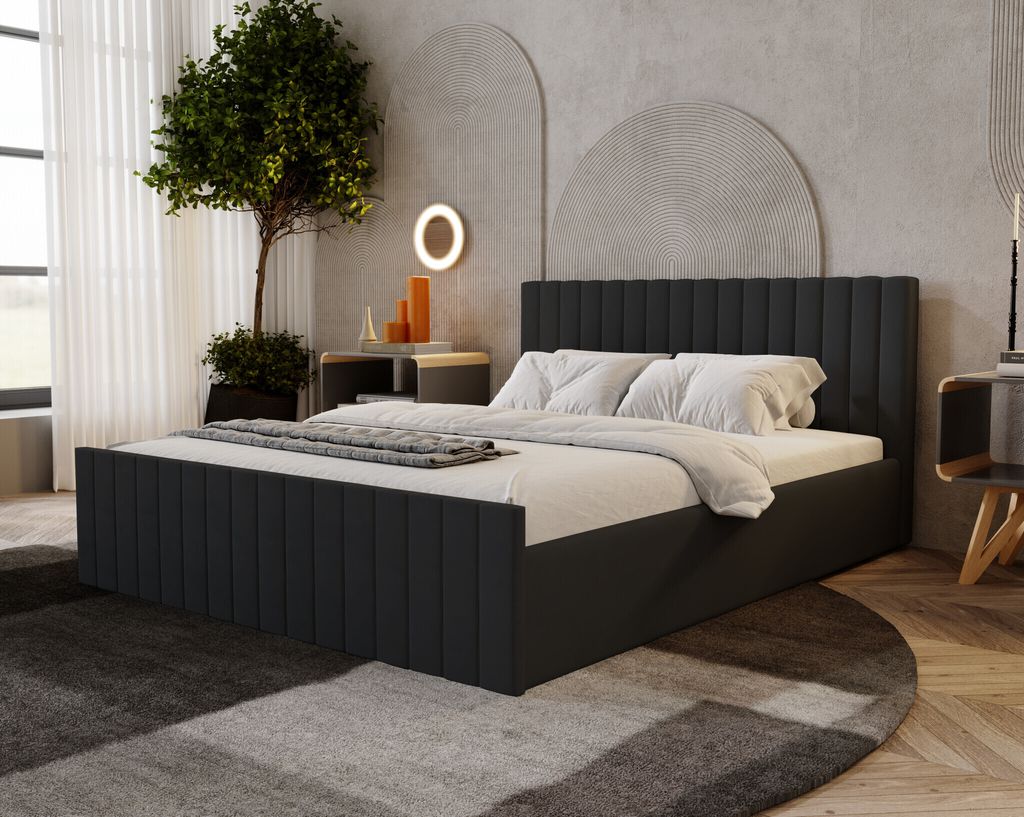 Polsterbett 140x200 Billo Slim Velvet - Bett mit Lattenrost & Bettkasten - Schwarz