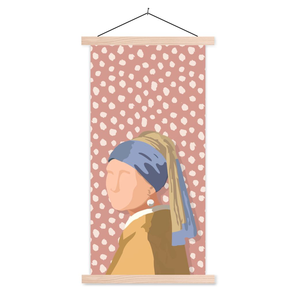 MuchoWow Textilposter Alte Meister - Mädchen mit Perlenohrring - Dots - Vintage 60x120 cm mit holzfarbenen Rahmen - Holz