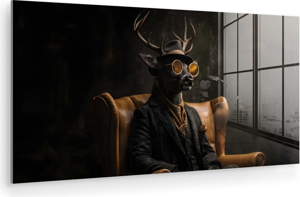 MuchoWow Glasbilder - Bilder auf Wandbild - Foto auf Glas Hirsche - Sonnenbrille - Schwarz - Anzug 120x60 cm Wanddekoration aus Glas - Acrylglasbil...