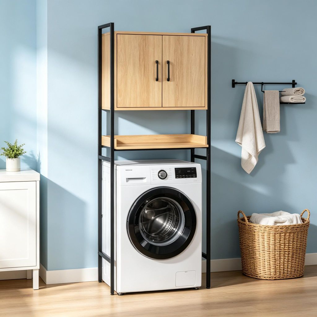 FCH Waschmaschinenschrank, Toilettenregal mit Schrank Verstellbarer Ablage, Toilettenschrank aus Holzwerkstoff Metall, 64,5 x 30 x 171 cm