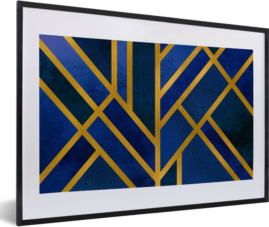 MuchoWow Gerahmtes Poster Gold - Blau - Muster 60x40 cm - Poster mit Schwarzem Bilderrahmen Wandposter Rahmen Foto Bilder - Schlafzimmer - Plakat...