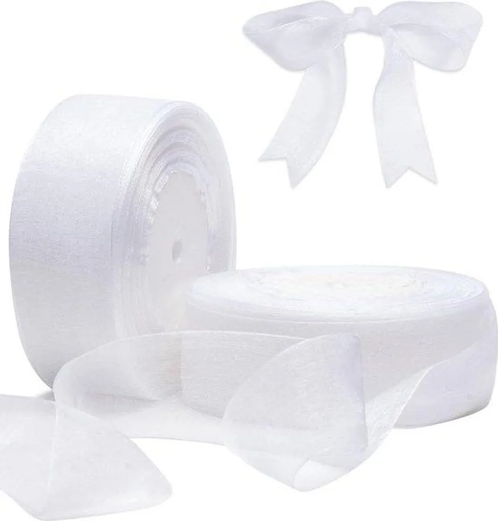 Ruban décoration blanc 38 mm x 100 m en organza pour voiture de mariage