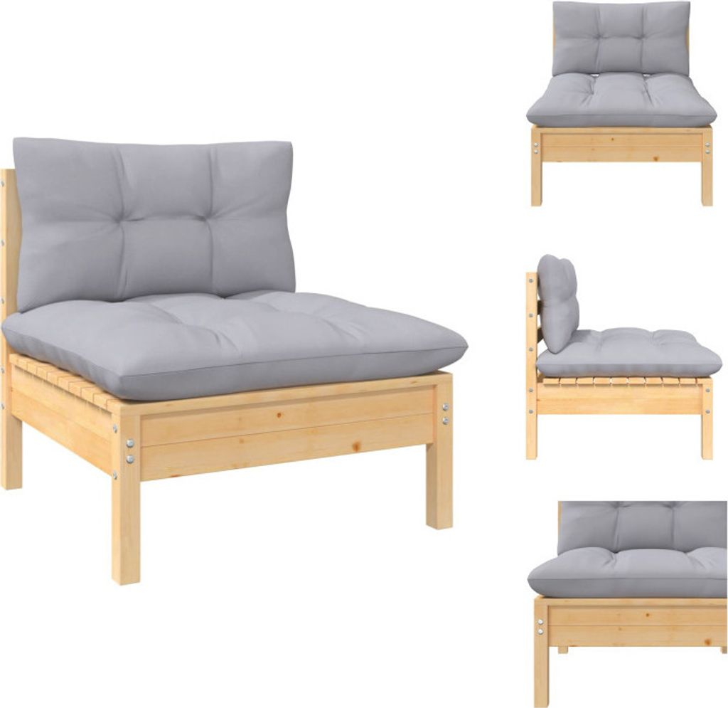 vidaXL Garten-Mittelsofa mit Grauen Kissen Massivholz Kiefer - Gartensofaelemente