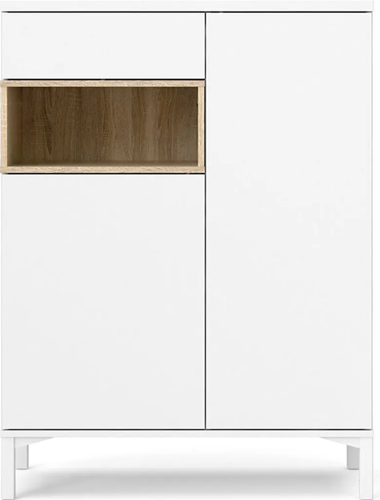 Buffet Ringe 2 portes et tiroir en blanc et chêne, rangement polyvalent