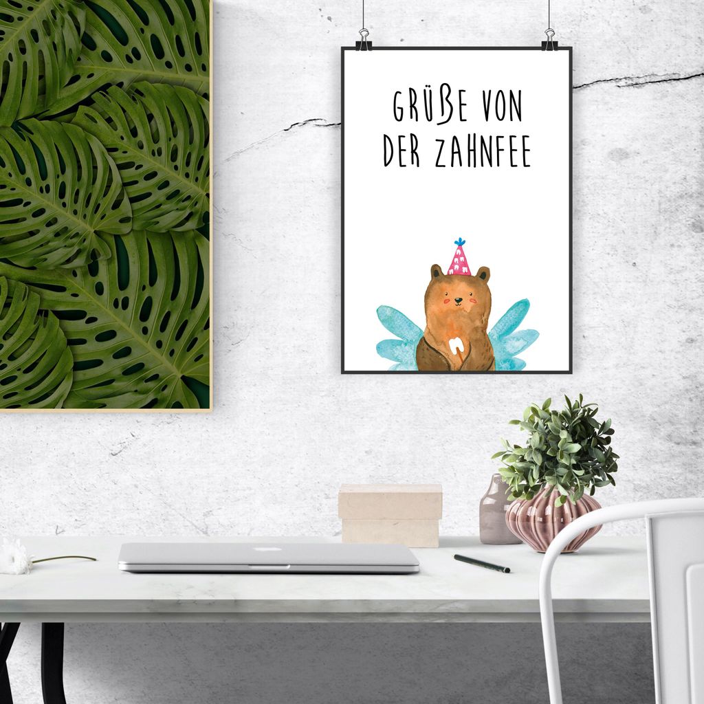 Mr. & Mrs. Panda Bild Bär Zahnfee Motiv DIN A5 - Weiß - Geschenk, Milchzahn, wanddeko, drucke, Teddy, Fee, Wandbild, Erster Zahn, wandkunst