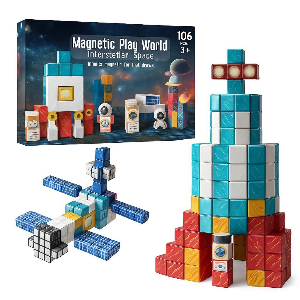 3D Magnetbausatz Set für STEM-Lernen, 106 Magnetbausteine Set für Kinder ab 3 Jahren - MAGSET Weltraum