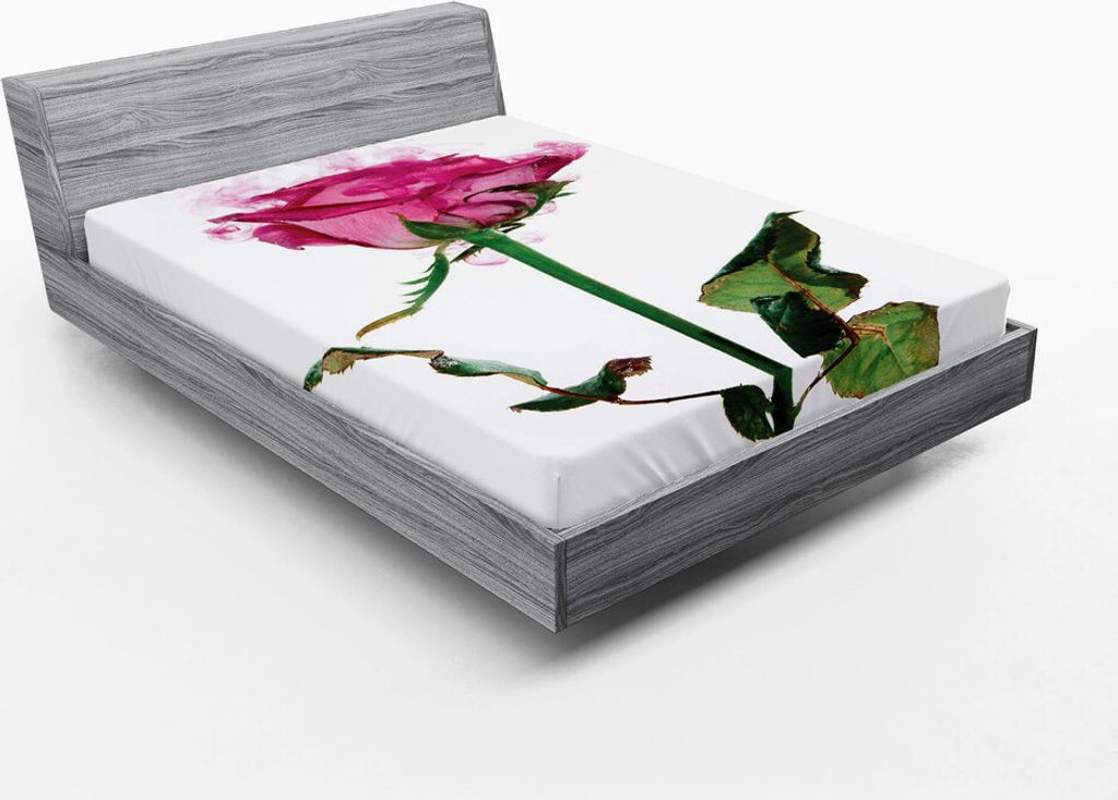 ABAKUHAUS Vintage Rose Spannbetttuch, Einzelne Rose Blume Ast Rauchen Blick Illustration, 120 x 190 cm, Farngrün Pastel Pink