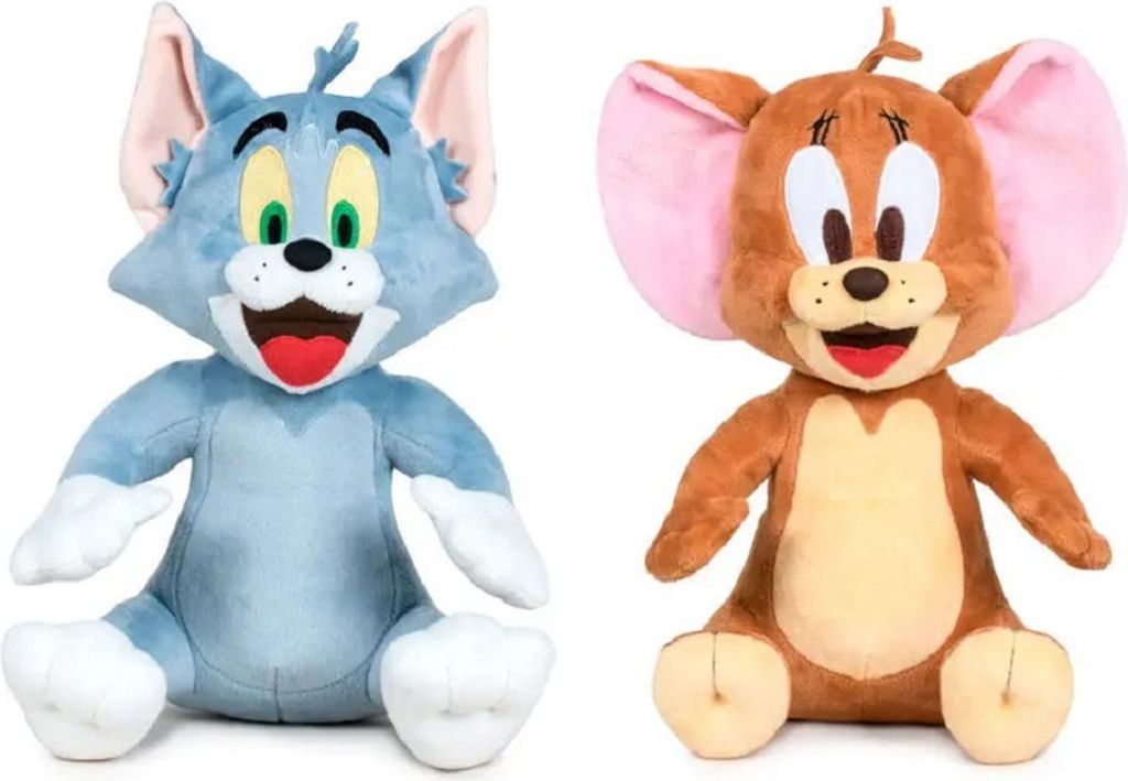 Two plush toys, Tom and Jerry, are sitting side-by-side against a white background.