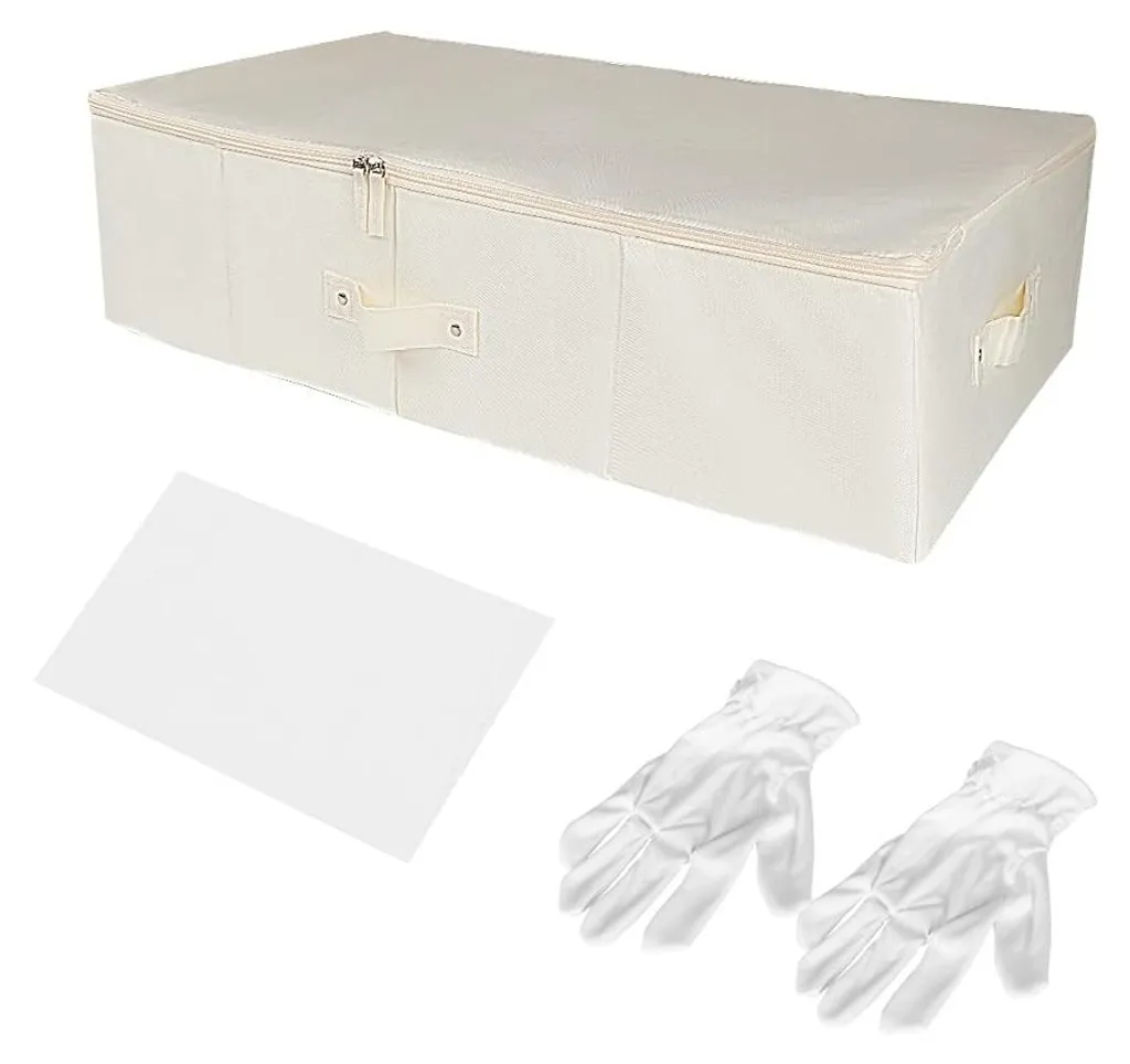 Boîte de rangement beige pour robe de mariée et 20 compartiments souples