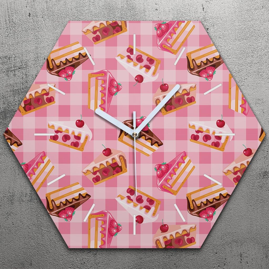 Uhr hexagonal 40 cm Glas Geräuschlos weiße Zeiger - süße Torten mit Kirsche und Erdbeere