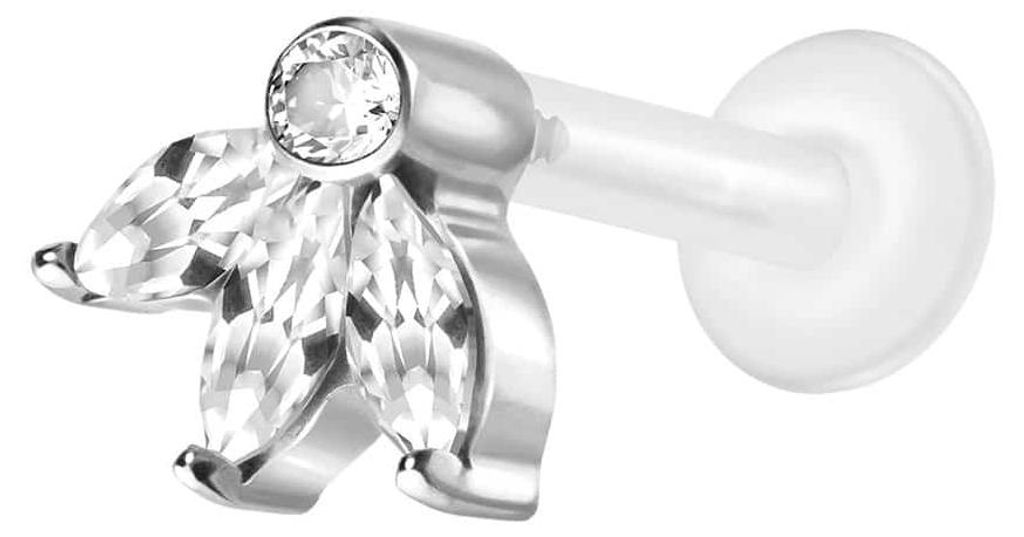 Ohrpiercing, Nasenpiercing PTFE Labret mit Innengewinde + Titan-Aufsatz LOTUSBLÜTE Silber Stablänge: 9mm | Stabstärke: 1,2mm