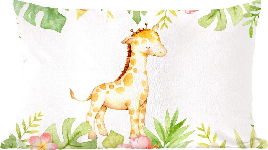 MuchoWow Zierkissen Sofakissen Wohnzimmer Dekokissen 50x30 cm Giraffe - Dschungel - Blumen - Aquarell - Wohnzimmerdekoration - Polster mit Photo