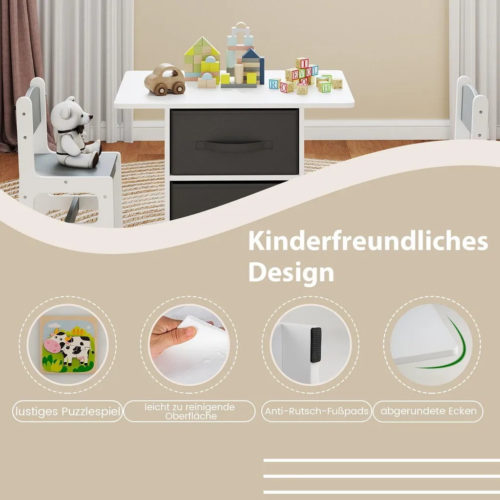 Ensemble table et 2 chaises pour enfants avec bacs de rangement blancs