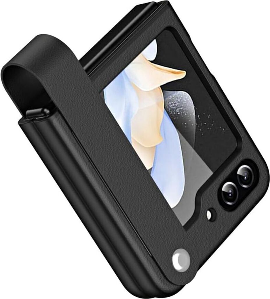 Lederhülle für Samsung Galaxy Z Flip 6 / Z Flip 7 FE Hülle mit Fingerhalter Hart-PC Stoßfest Handyhülle Schwarz