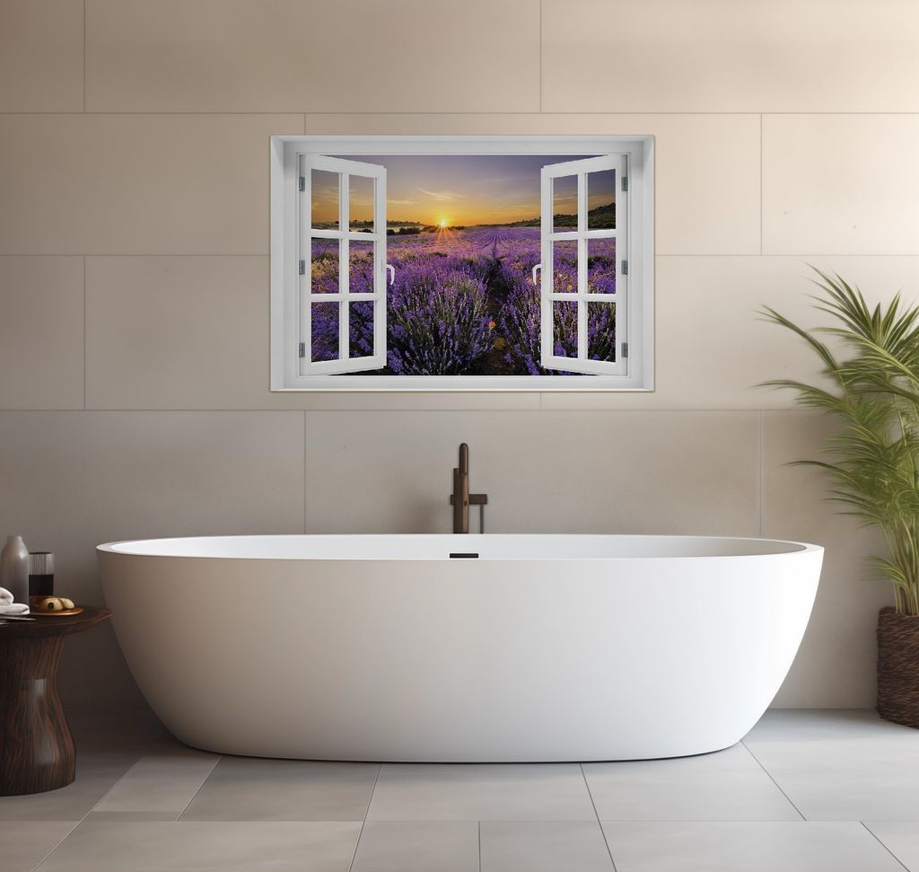 Wallario wasserfestes Poster selbstklebend 91,50 x 61 cm, Sonnenuntergang über dem Lavendel, Badezimmerposter Spritzschutz mit Hochglanzoberfläch...