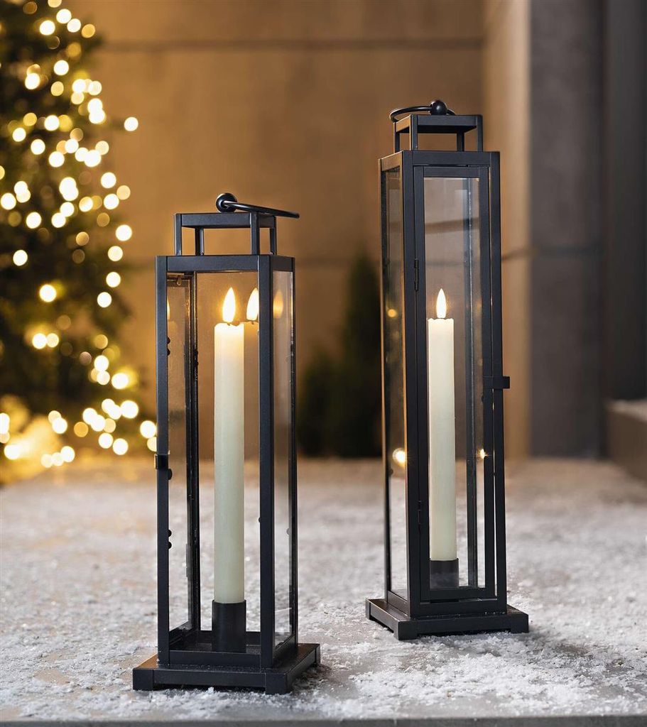 2x Laterne "Modern Black" aus Metall, schwarz, 34 + 44 cm hoch, Windlicht, Kerzenständer, Kerzenlaterne