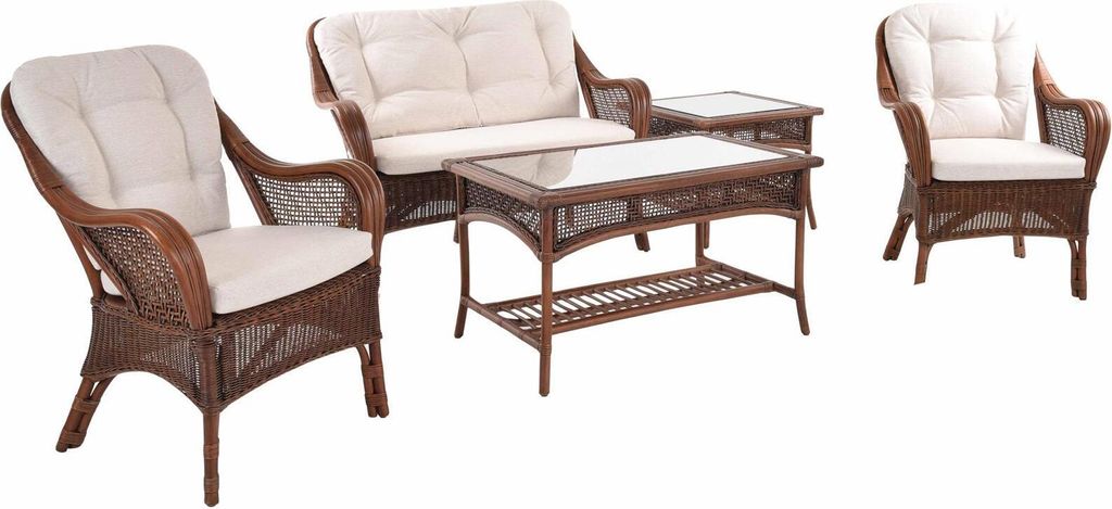 KRINES HOME Rattanset Marbella Natur Rattan Sitzgruppe Landhaus Stil Wintergartengruppe Rattangruppe Wintergarten Set (Antik Braun)