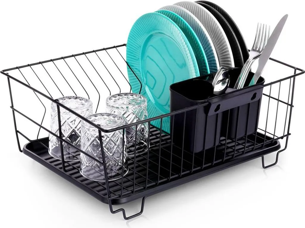 Égouttoir à Vaisselle Noir Mat avec Support Couverts Amovible 42cm