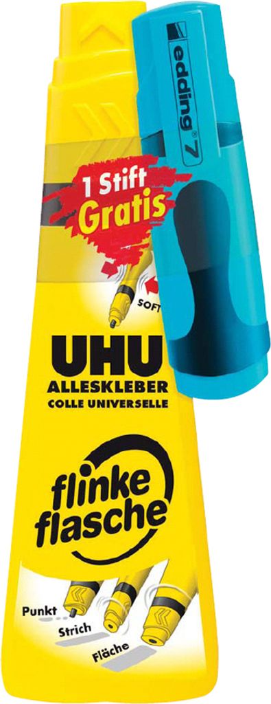 UHU Alleskleber flinke flasche + GRATIS edding Textmarker Produktbild 