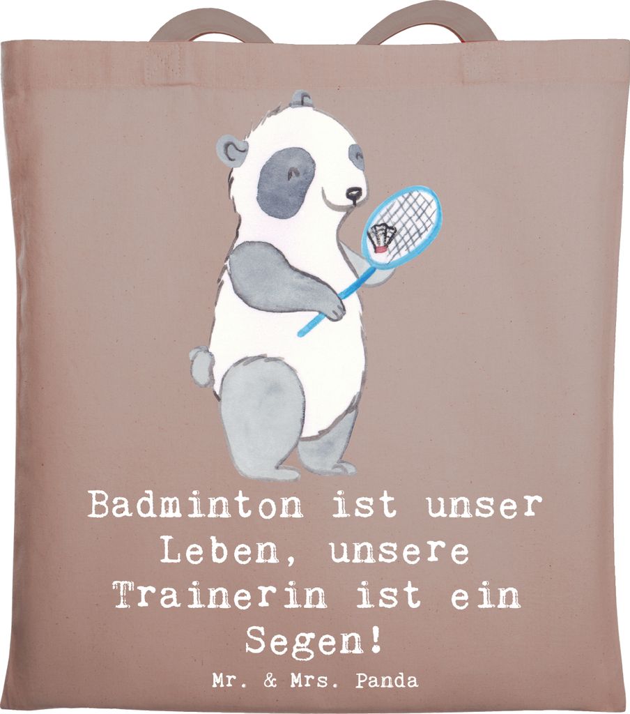 Mr. & Mrs. Panda Schultasche Badminton Trainerin - Braun Pastell - Geschenk, Shopping Tasche, Motivation, Tote Bag, Sportart, Danksagung, Leben, Ju...