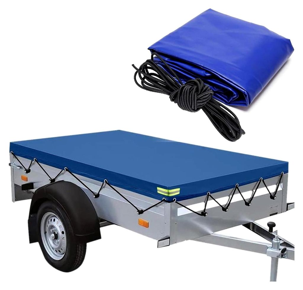Flachplane für Anhänger, 209 x 115 x 10 cm, Abdeckplane aus PVC, wasserdicht und reißfest, mit Planenseil, Reflexstreifen und Ösen, geeignet f...