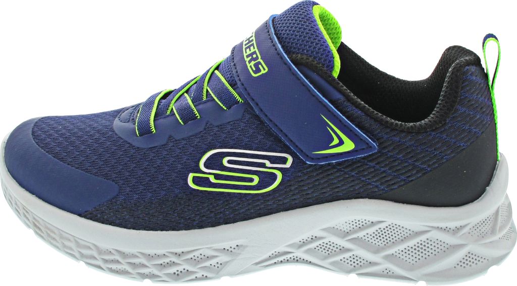 A side view of a blue and green Skechers children's sneaker.
