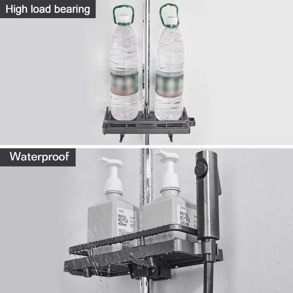 Duschregal für Duschstange, Duschcaddy ohne Bohren, Aufhängen, Duschregale, Zubehör, Halter mit zwei Haken und Duschkopfhaltern, geeignet für 2...