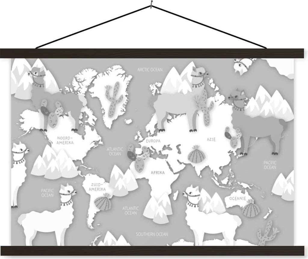 MuchoWow Textilposter Alpakas und Berge auf einer hellen Weltkarte - schwarz und weiß 120x80 cm mit schwarzem Rahmen - Wanddeko