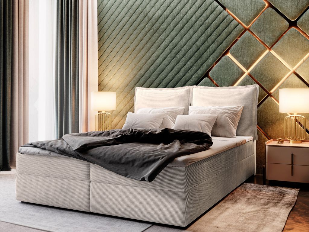 Masseno Boxspringbett LENTE 140x200 cm Komplett-Set mit Bonell Matratze und Topper, Polsterbett mit Bettkästen -Creme, LINCOLN 03