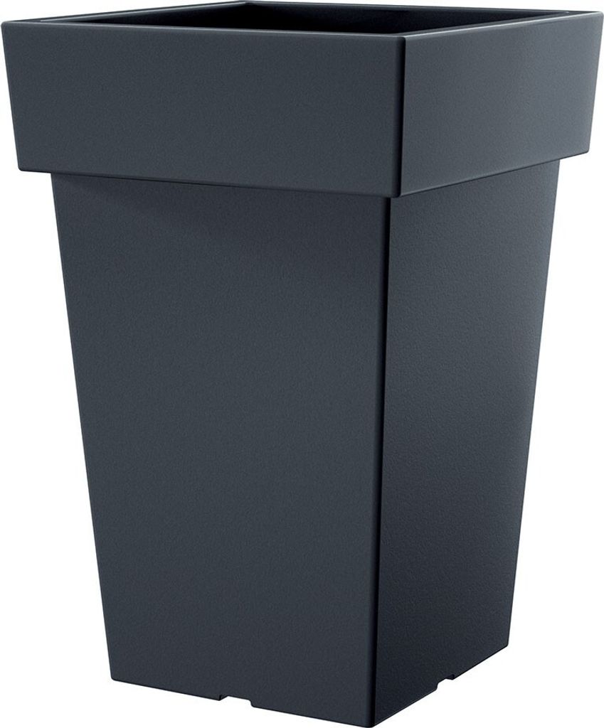 A dark gray, square-top planter pot is shown against a white background.