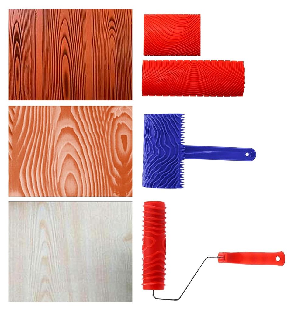 4 Stück Holzmaserungswerkzeug, Gummi Malwerkzeug für Wanddekoration, Rot, Blau