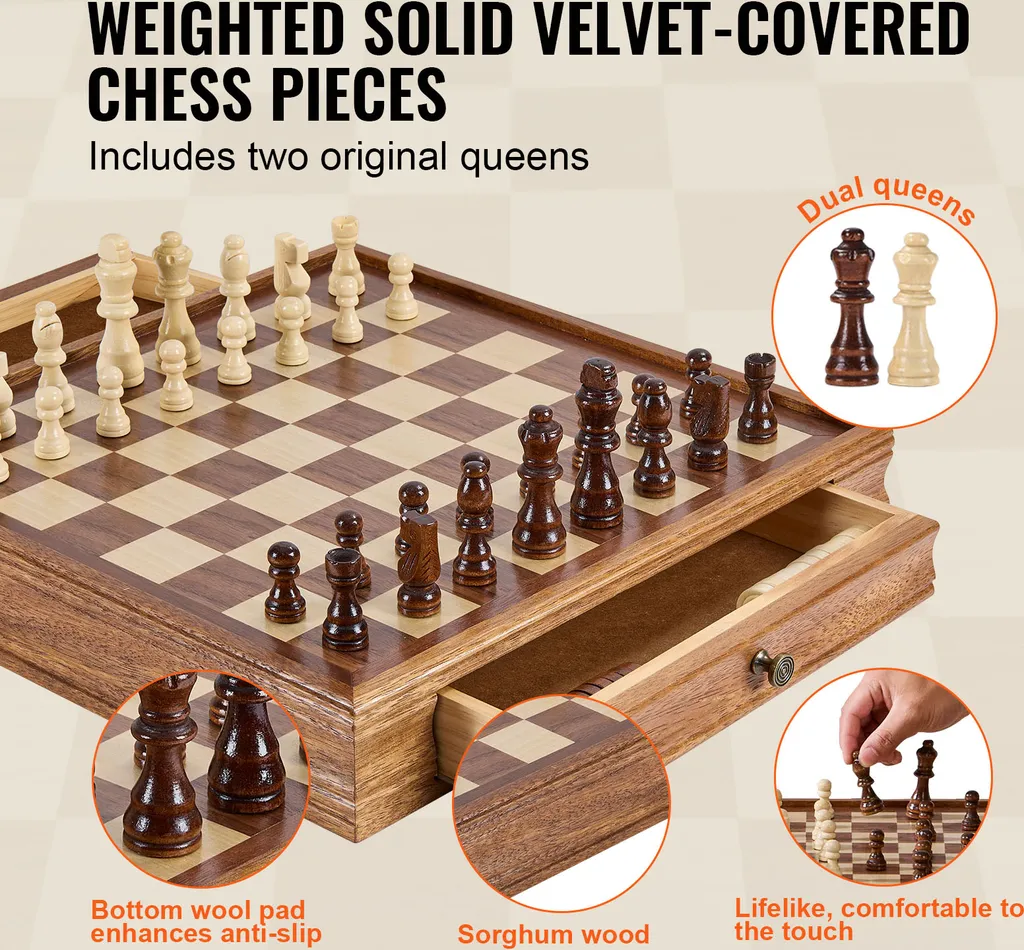 Jeu d'échecs & Dames 15" en bois - Idéal Tournoi & Débutant - 5