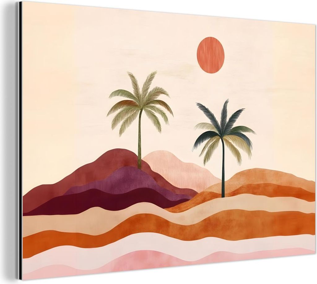 MuchoWow Wanddekoration Metall Metallbild Wandkunst 90x60 cm Palmen - Abstrakt - Sonne - Hügel MuchoWow Aluminium Gemälde - Wandbilder