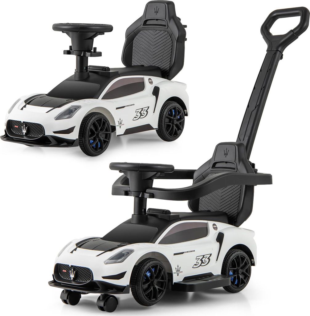 GOPLUS 3 in 1 Rutschauto Mazerati, Rutscherfahrzeug mit abnehmbarem Griff, Geländer & Stauraum unter dem Sitz, Schiebauto mit Hupe & Musik, Weiß