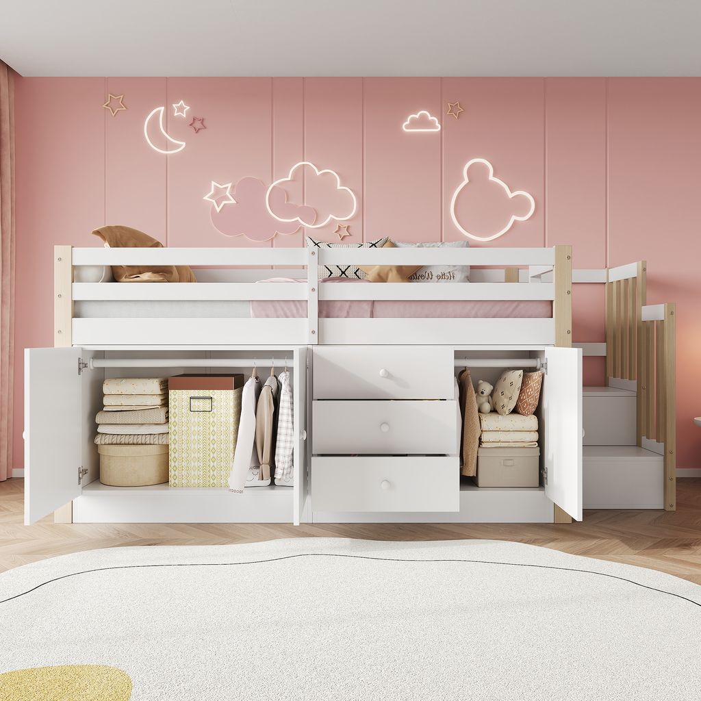 Flieks Etagenbett 90x200cm mit Schrank und Schubladen, Hochbett Kinderbett mit Kleiderschrank, Holzbett Einzelbett mit Rausfallschutz & Treppe, Weiß