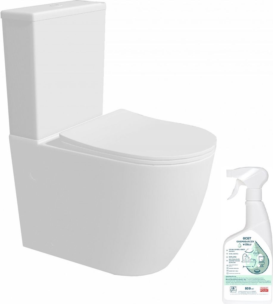A white toilet and a bottle of cleaning spray on a white background.