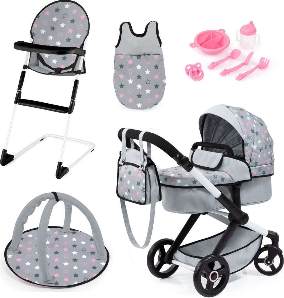 Bayer Design 17007AB Puppenwagen Xeo, verstellbarer Griff, Schwenkschieber, wandelbar als Jogger, Schlafsack, Hochstuhl, Spielbogen, Puppenzubehör