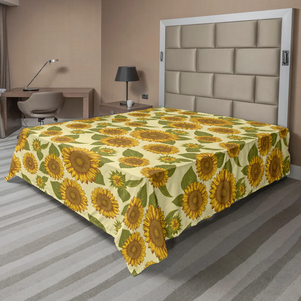 Drap plat décoratif 275 cm pour lit double motif tournesols vintage