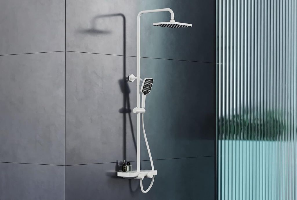Duschsystem mit Thermostat BS371 Weiß matt, Regendusche Duschsystem, Duschbrause mit Anti-Kalk-Düsen, Höhenverstellbare Duschstange Farbe Weiß/...