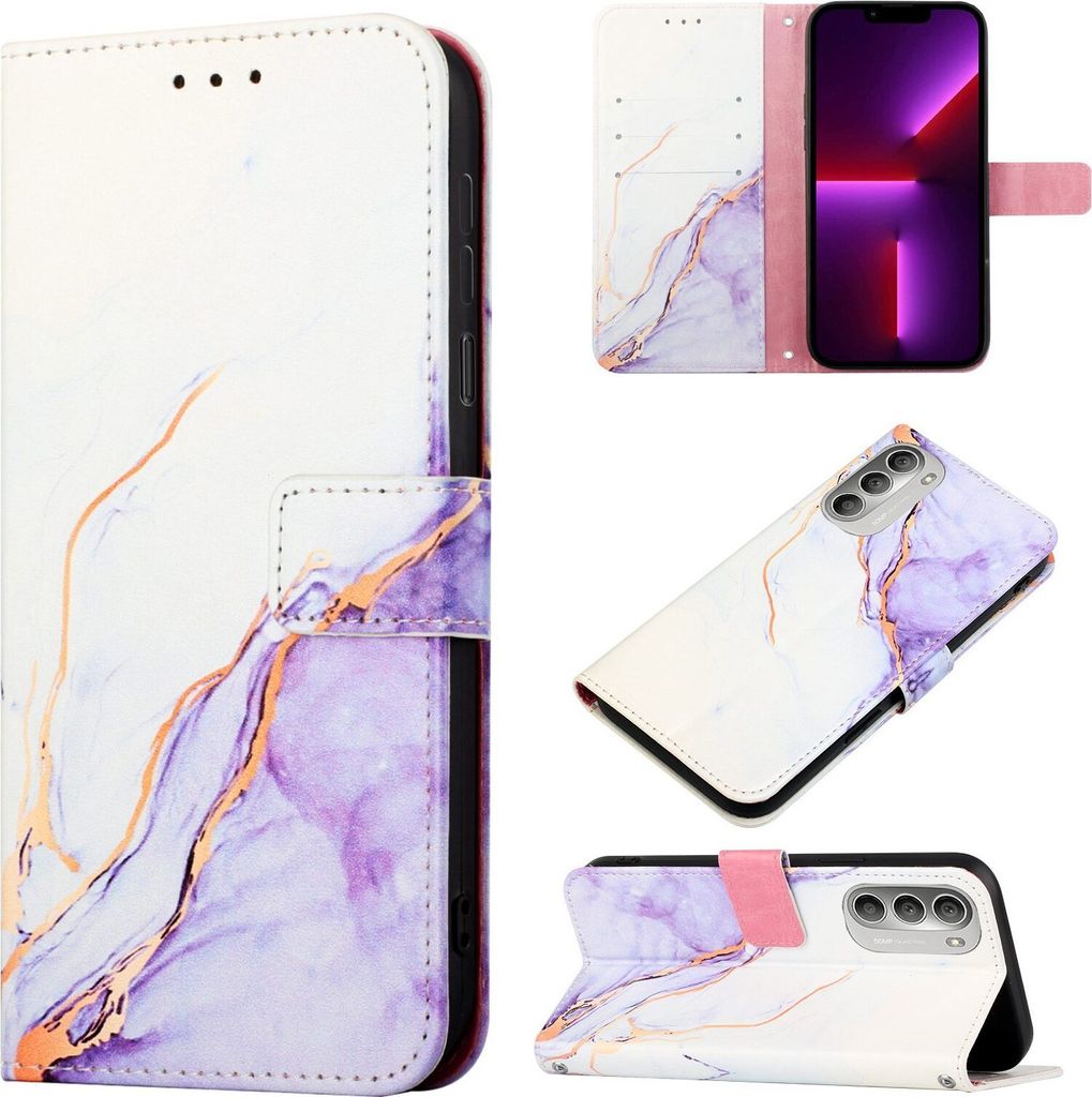 Moto G51 5G Hülle, Marmor Motiv Kunstleder Tasche Wallet Kartenfächer mit Standfunktion Klapp Schutzhülle für Motorola Moto G51 5G Weiß Lila