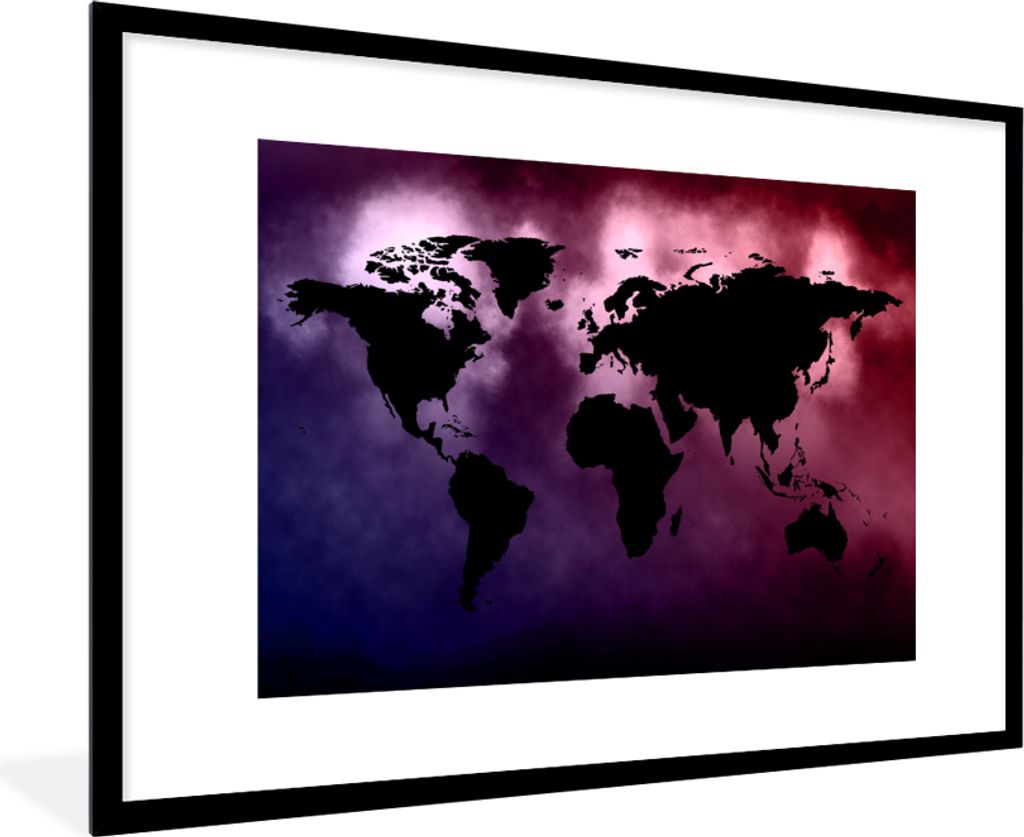 MuchoWow MuchoWow Gerahmtes Poster Weltkarte - Schwarz - Rosa 90x60 cm - Poster mit zchwarzem Bilderrahmen - Wanddekoration - Fotos