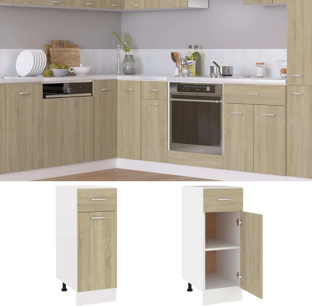 A kitchen scene with cabinets and appliances, and below it, two separate images of a kitchen cabinet.