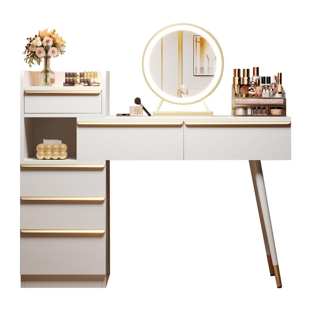 Schminktisch mit ausziehbarer Tischplatte, 6 Schubladen und Goldgriffen, LED-Spiegel mit dimmbarem Licht,102x100x41cm,Hocker nicht enthalten