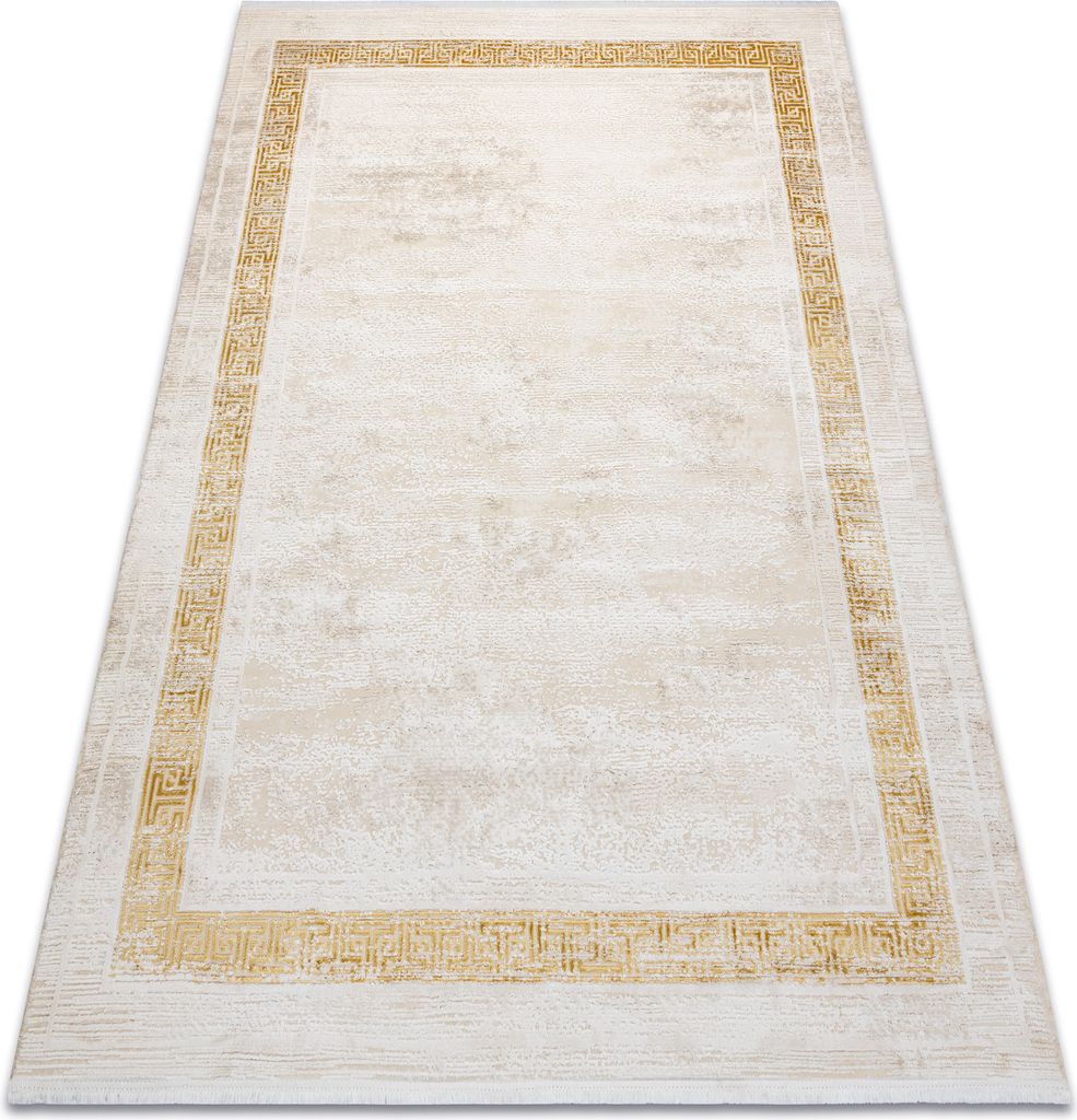 Moderner Teppich DUKE 51524 creme / gold - Rahmen, griechisch strukturiert, sehr weich, Fransen beige 120x170 cm