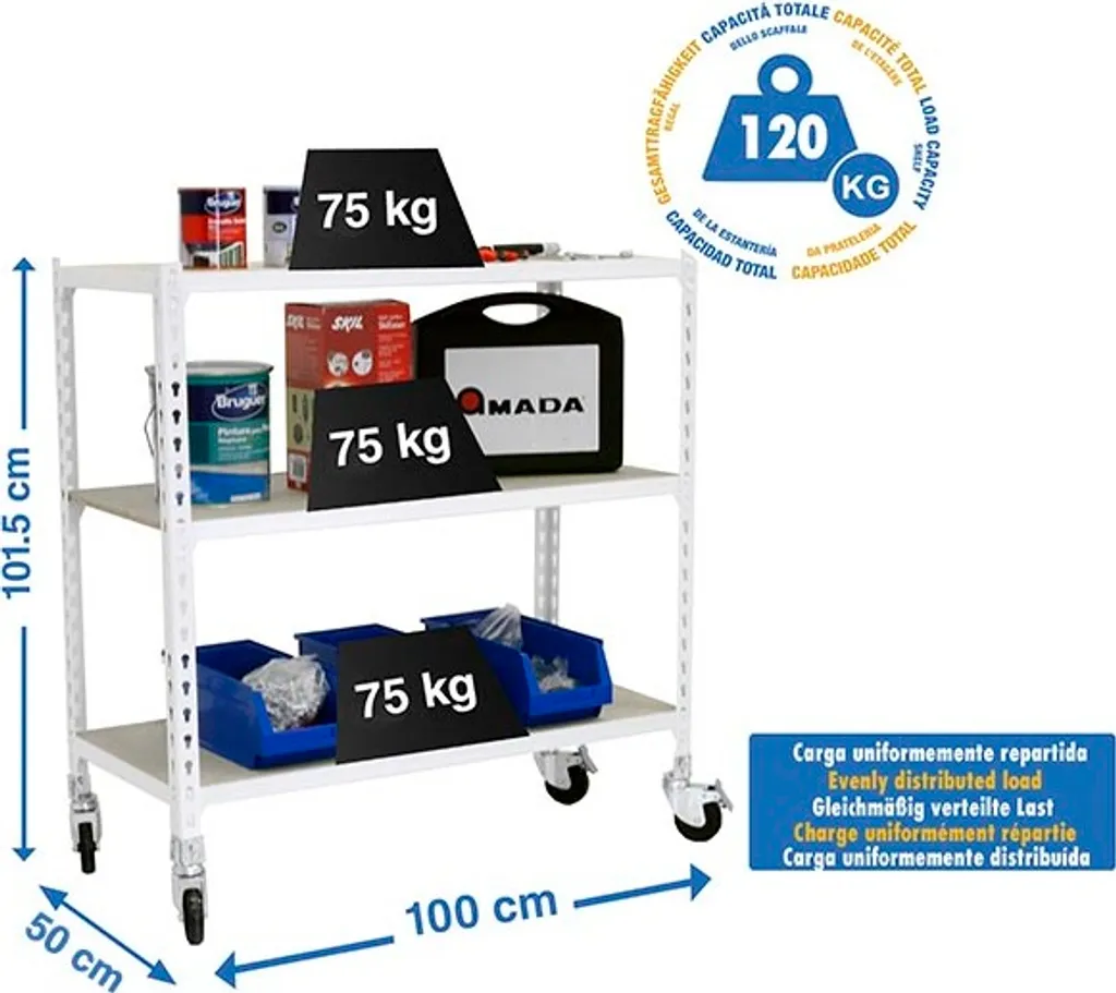Rayonnage métallique MADERCLICK 3 niveaux Blanc Bois 900 mm