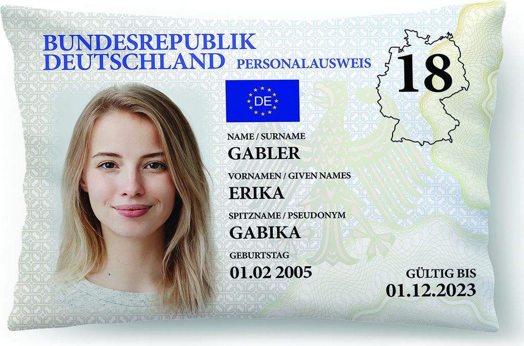 Personalisiertes Kissen im Design eines Personalausweises – Lustiges Geschenk zum 18. Geburtstag für Jungen & Mädchen – Deko Kissen 60x40