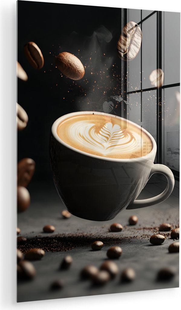 MuchoWow Glasbilder - Bilder auf Wandbild - Foto auf Glas Cappuccino - Tasse - Bohnen - Braun 20x30 cm Wanddekoration aus Glas - Acrylglasbild - Ac...